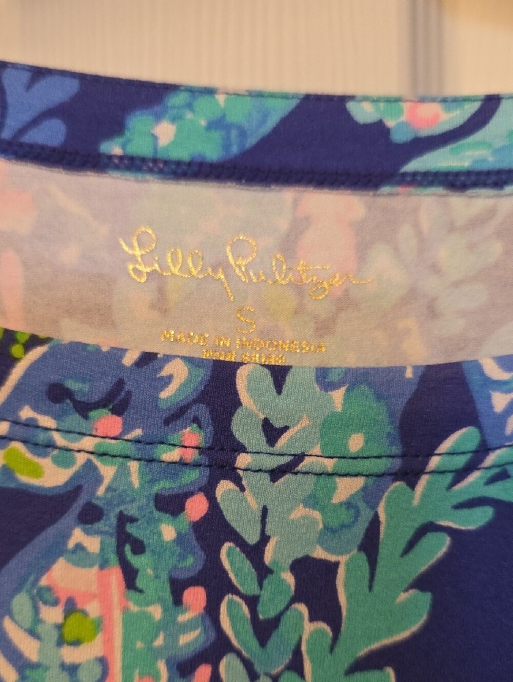 Lilly Pulitzer Blue Shift Dress with Pink & Aqua Accents with Gold Tone Buttons - Picture 2 of 5